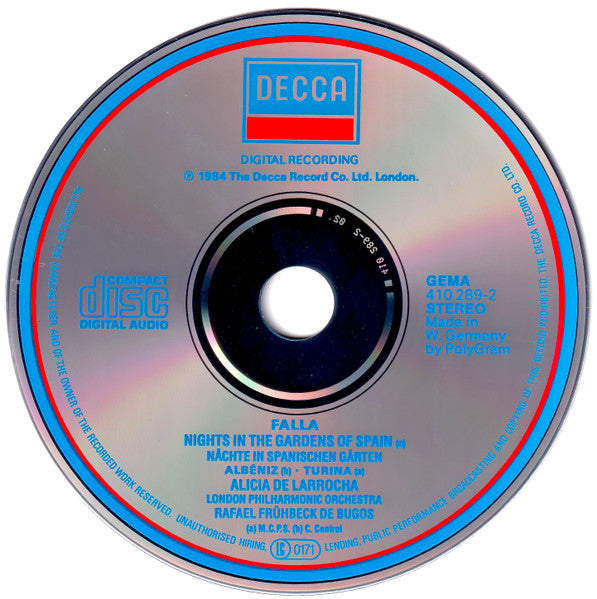 Manuel De Falla, Isaac Albéniz, Joaquín Turina, Alicia De Larrocha, London Philharmonic Orchestra, Rafael Frühbeck De Burgos : Nights In The Gardens Of Spain (CD, Album)