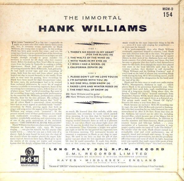 Hank Williams : The Immortal Hank Williams (10", Comp)