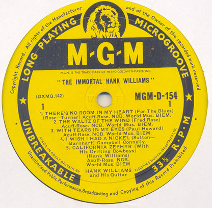 Hank Williams : The Immortal Hank Williams (10", Comp)
