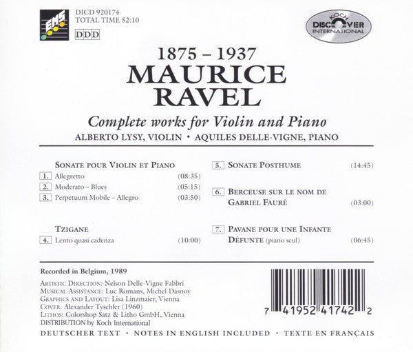 Maurice Ravel - Alberto Lysy, Aquiles Delle Vigne : Complete Works For Violin And Piano (CD, Album)