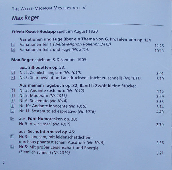 Max Reger And Frieda Kwast-Hodapp : Today Playing Their 1905 / 1920 Interpretations / Selected Works By Reger (CD, Album)