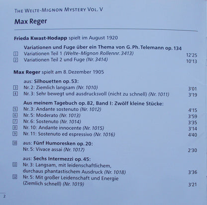 Max Reger And Frieda Kwast-Hodapp : Today Playing Their 1905 / 1920 Interpretations / Selected Works By Reger (CD, Album)