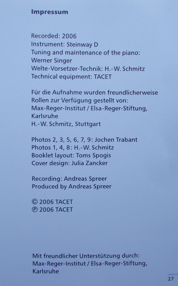 Max Reger And Frieda Kwast-Hodapp : Today Playing Their 1905 / 1920 Interpretations / Selected Works By Reger (CD, Album)