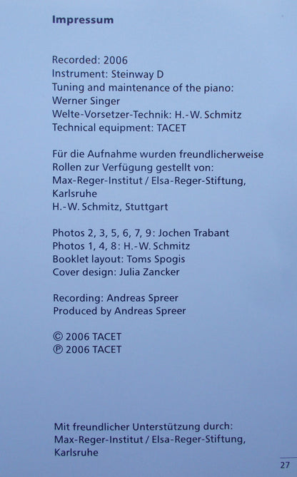 Max Reger And Frieda Kwast-Hodapp : Today Playing Their 1905 / 1920 Interpretations / Selected Works By Reger (CD, Album)