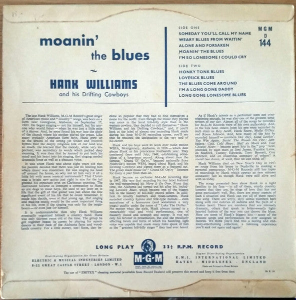 Hank Williams With His Drifting Cowboys : Moanin' The Blues (10", Album, Mono)