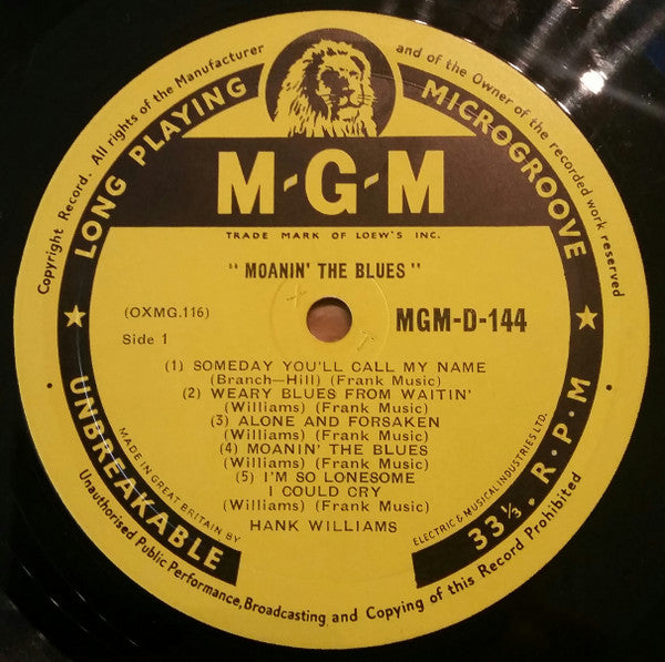Hank Williams With His Drifting Cowboys : Moanin' The Blues (10", Album, Mono)