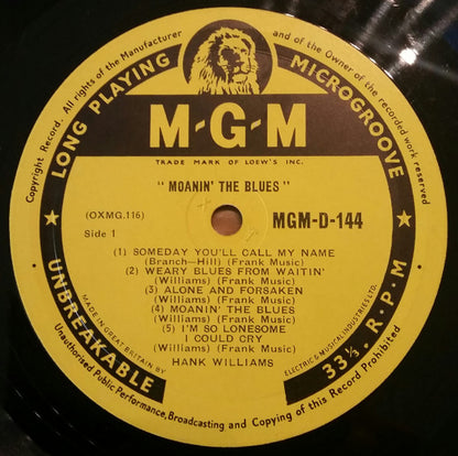 Hank Williams With His Drifting Cowboys : Moanin' The Blues (10", Album, Mono)