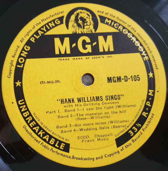 Hank Williams : Hank Williams Sings (10", 4th)