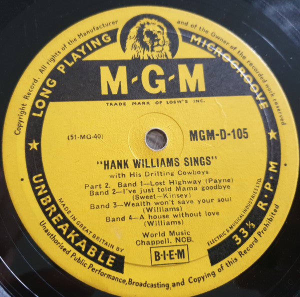 Hank Williams : Hank Williams Sings (10", 4th)