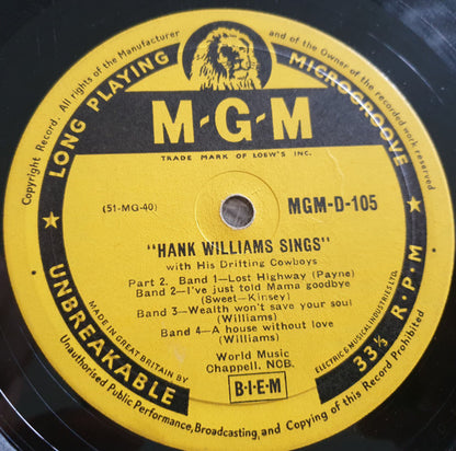 Hank Williams : Hank Williams Sings (10", 4th)