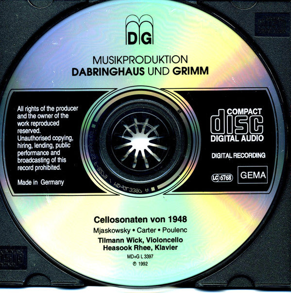 Carter*, Poulenc*, Mjaskowski* - Tilmann Wick, Heasook Rhee : Cellosonaten Von 1948 (CD, Album)
