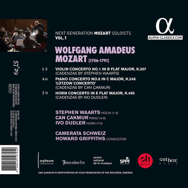 Mozart*, Stephen Waarts, Can Çakmur, Ivo Dudler, Camerata Schweiz, Howard Griffiths : Violin Concerto No. 1 KV 207, Piano Concerto No. 8 KV. 246 "Lützow " & Horn Concerto No. 4 KV 495 (CD, Album)