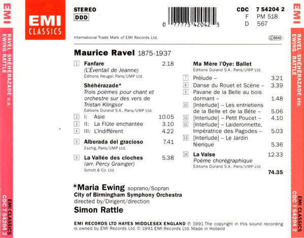 Maurice Ravel - Maria Ewing, City Of Birmingham Symphony Orchestra, Sir Simon Rattle : Shéhérazade · Alborada Del Gracioso · Ma Mère L'Oye · La Valse · L'Éventail De Jeanne: Fanfare · La Vallée Des Cloches (CD, Album)