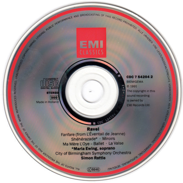 Maurice Ravel - Maria Ewing, City Of Birmingham Symphony Orchestra, Sir Simon Rattle : Shéhérazade · Alborada Del Gracioso · Ma Mère L'Oye · La Valse · L'Éventail De Jeanne: Fanfare · La Vallée Des Cloches (CD, Album)