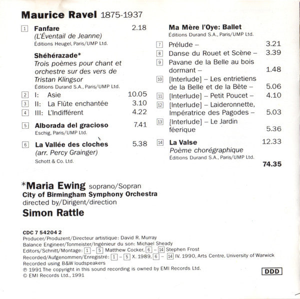 Maurice Ravel - Maria Ewing, City Of Birmingham Symphony Orchestra, Sir Simon Rattle : Shéhérazade · Alborada Del Gracioso · Ma Mère L'Oye · La Valse · L'Éventail De Jeanne: Fanfare · La Vallée Des Cloches (CD, Album)