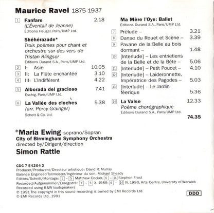 Maurice Ravel - Maria Ewing, City Of Birmingham Symphony Orchestra, Sir Simon Rattle : Shéhérazade · Alborada Del Gracioso · Ma Mère L'Oye · La Valse · L'Éventail De Jeanne: Fanfare · La Vallée Des Cloches (CD, Album)
