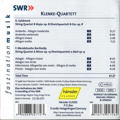Karl Goldmark, Felix Mendelssohn-Bartholdy, Klenke Quartett : String Quartet B Major Op. 8 / String Quartet A Minor Op. 13 (CD)