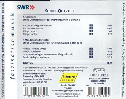 Karl Goldmark, Felix Mendelssohn-Bartholdy, Klenke Quartett : String Quartet B Major Op. 8 / String Quartet A Minor Op. 13 (CD)