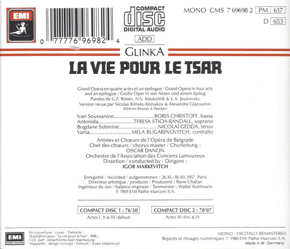 Glinka* - Christoff*, Stich-Randall*, Gedda*, Orchestre De L'Association Des Concerts Lamoureux, Markevitch* : La Vie Pour Le Tsar (2xCD, Album, RE)