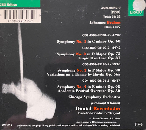 Johannes Brahms, Daniel Barenboim, Chicago Symphony Orchestra : Symphonies Nos. 1-4 / Tragic Overture / Academic Festival Overture / Variations On A Theme By Haydn (4xCD + Box, Comp)