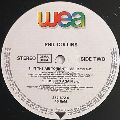 Phil Collins : In The Air Tonight (88' Remix) And (Extended Version) (12", Maxi, Tel)