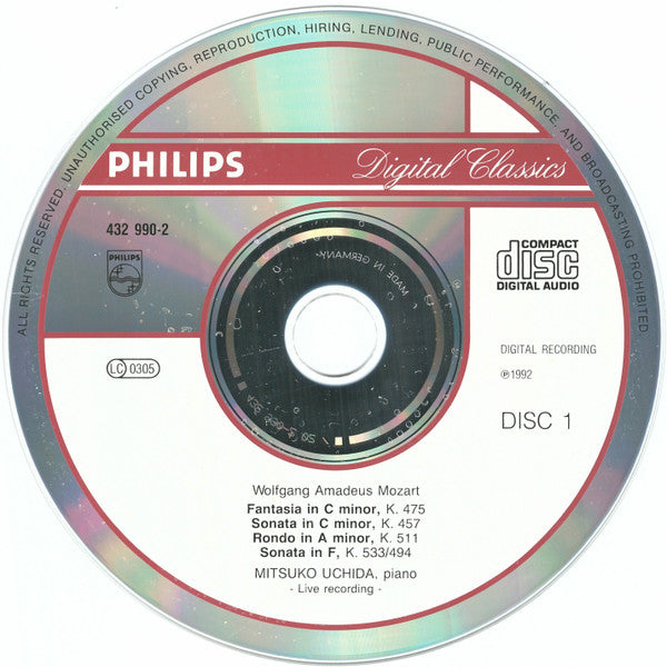 Wolfgang Amadeus Mozart – Mitsuko Uchida : Live In Concert - Piano Sonatas K. 457, K. 533/494, K. 545, K. 576 · Fantasias K. 475, K. 397 · Rondo, K. 511 · Adagio K. 540 · Pöbel Variations, K. 455 (2xCD)