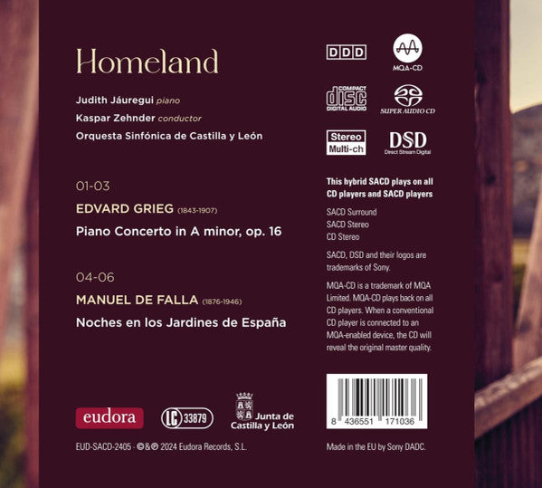 Edvard Grieg, Manuel De Falla, Judith Jaúregui, Orquesta Sinfónica de Castilla y León, Kaspar Zehnder : Homeland (SACD, Hybrid, Multichannel, Album)
