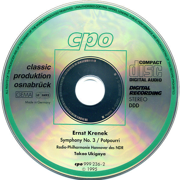Ernst Krenek - Radio-Philharmonie Hannover Des NDR, Takao Ukigaya : Symphony No 3 • Potpourri Op. 54 (CD, Album)