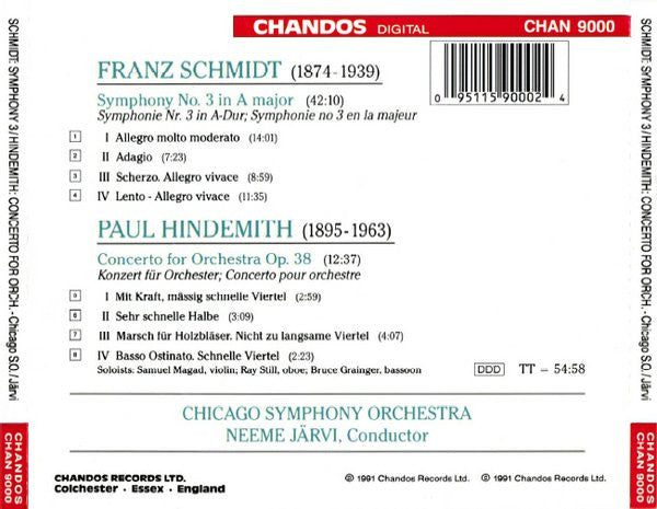 Franz Schmidt / Paul Hindemith - Chicago Symphony Orchestra, Neeme Järvi : Symphony No. 3 / Concerto For Orchestra (CD)