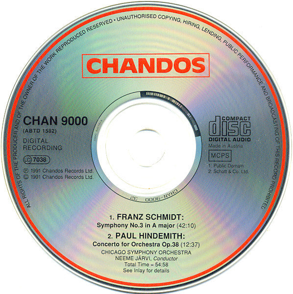 Franz Schmidt / Paul Hindemith - Chicago Symphony Orchestra, Neeme Järvi : Symphony No. 3 / Concerto For Orchestra (CD)