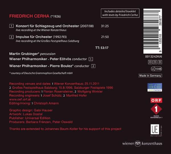 Friedrich Cerha - Martin Grubinger, Wiener Philharmoniker, Peter Eötvös, Pierre Boulez : Konzert Für Schlagzeug Und Orchester / Impulse Für Orchester (CD, Album)
