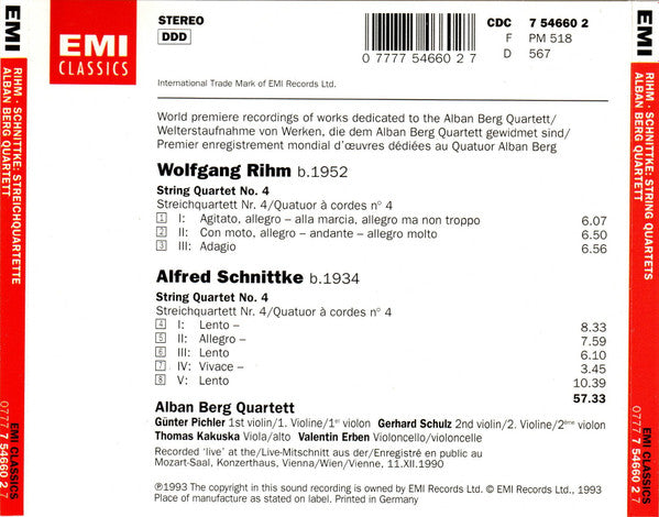Wolfgang Rihm, Alfred Schnittke - Alban Berg Quartett : Streichquartett No. 4 (CD)
