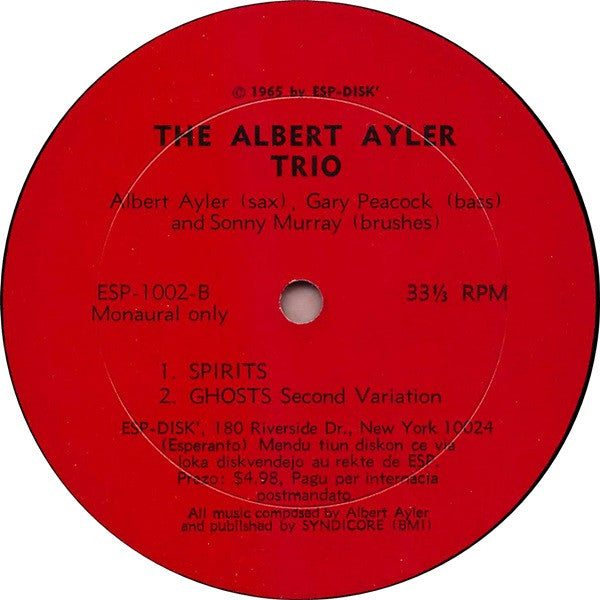 Albert Ayler Trio : Spiritual Unity (LP, Album, Mono)