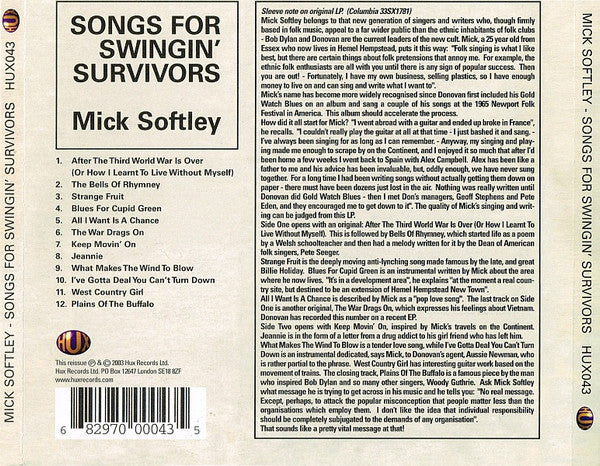 Mick Softley : Songs For Swingin' Survivors  (CD, Album, RE)