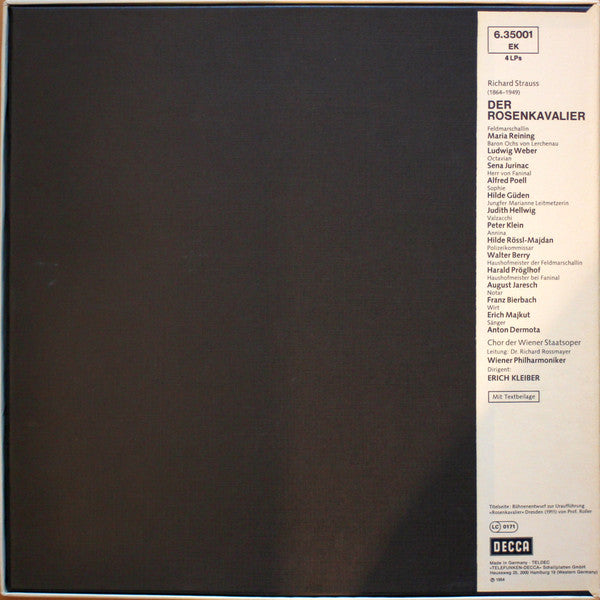 Richard Strauss, Reining*, Vienna Philharmonic Orchestra*, Weber*, Jurinac*, Gueden*, Poell*, Erich Kleiber : Der Rosenkavalier (4xLP, Album, Sil + Box, RE)