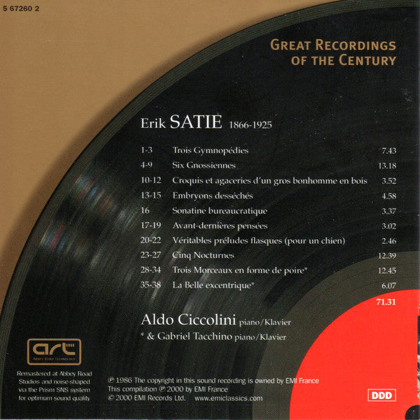 Erik Satie - Aldo Ciccolini, Gabriel Tacchino : Gymnopédies; Gnossiennes; Nocturnes; La Belle Excentrique; Trois Morceaux En Forme de Poire (CD, Comp, RM)