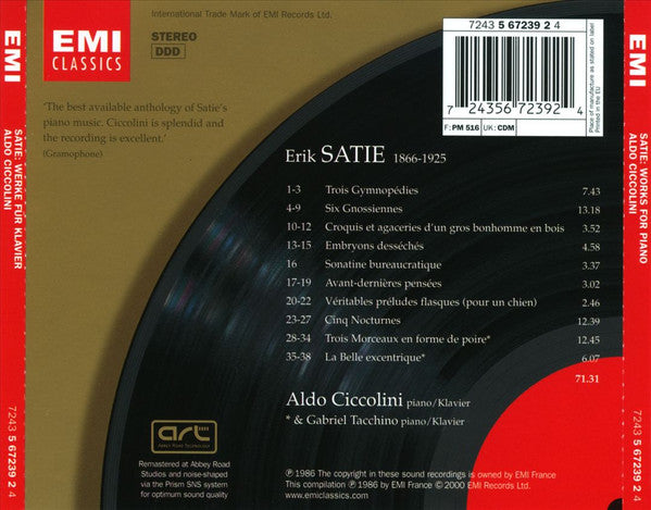 Erik Satie - Aldo Ciccolini, Gabriel Tacchino : Gymnopédies; Gnossiennes; Nocturnes; La Belle Excentrique; Trois Morceaux En Forme de Poire (CD, Comp, RM)