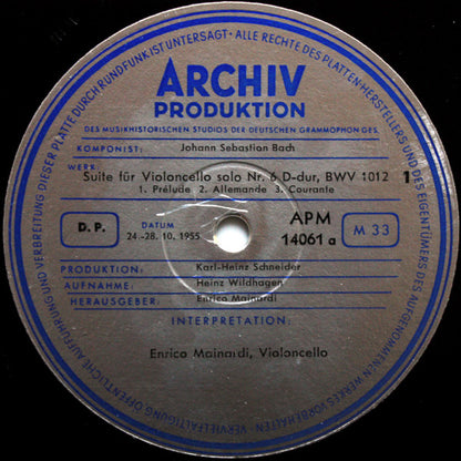 Johann Sebastian Bach - Enrico Mainardi : Suite Für Violoncello Solo Nr. 6 D-dur, BWV 1012 (LP, Mono)