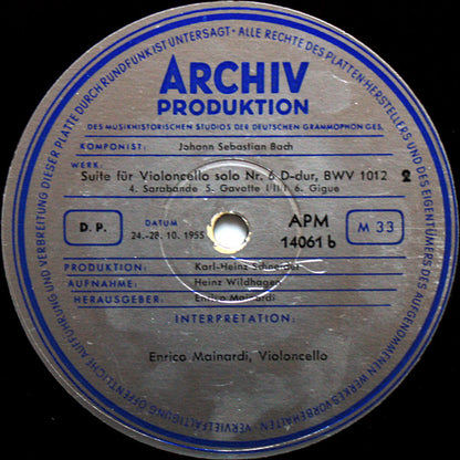 Johann Sebastian Bach - Enrico Mainardi : Suite Für Violoncello Solo Nr. 6 D-dur, BWV 1012 (LP, Mono)