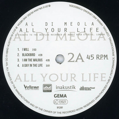 Al Di Meola : All Your Life - A Tribute To The Beatles Recorded At Abbey Road Studios, London (2xLP, Album, DMM)