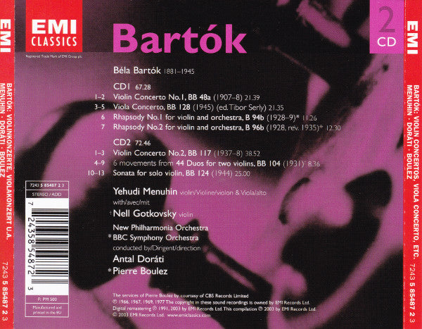 Bartók* - Yehudi Menuhin : Violin Concertos 1 & 2 · Viola Concerto · Rhapsodies 1 & 2 (2xCD, Comp)
