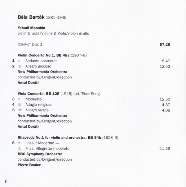 Bartók* - Yehudi Menuhin : Violin Concertos 1 & 2 · Viola Concerto · Rhapsodies 1 & 2 (2xCD, Comp)