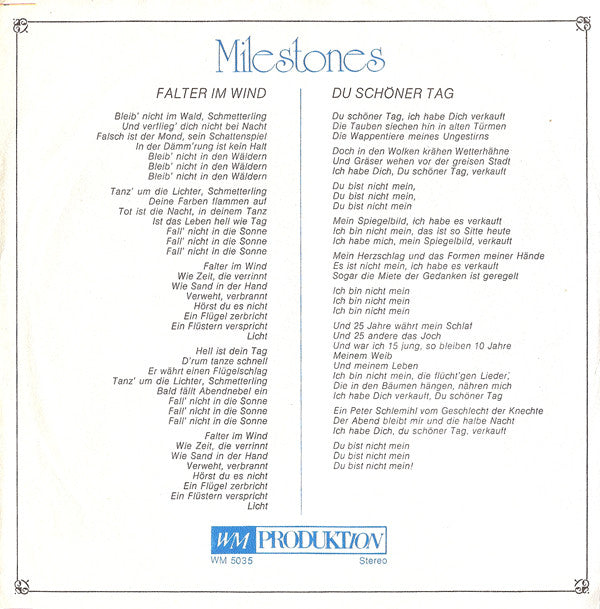 Milestones : Falter Im Wind / Du Schöner Tag (7", Single, Gat)