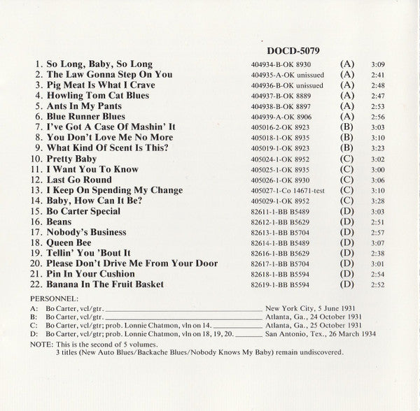 Bo Carter : Complete Recorded Works In Chronological Order Volume 2 (5 June 1931 To 26 March 1934) (CD, Comp)