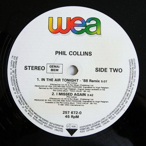 Phil Collins : In The Air Tonight (88' Remix) And (Extended Version) (12", Maxi, Rec)