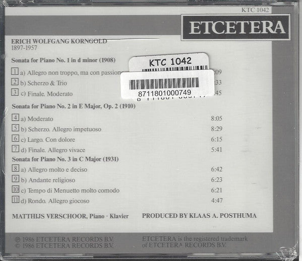 Erich Wolfgang Korngold - Matthijs Verschoor : Piano Sonatas 1, 2 & 3 (CD, Album)