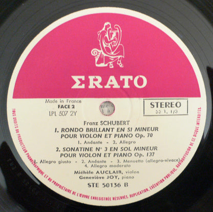 Franz Schubert, Michèle Auclair, Genevieve Joy : Intégrale De L'oeuvre Pour Violon Et Piano (LP)