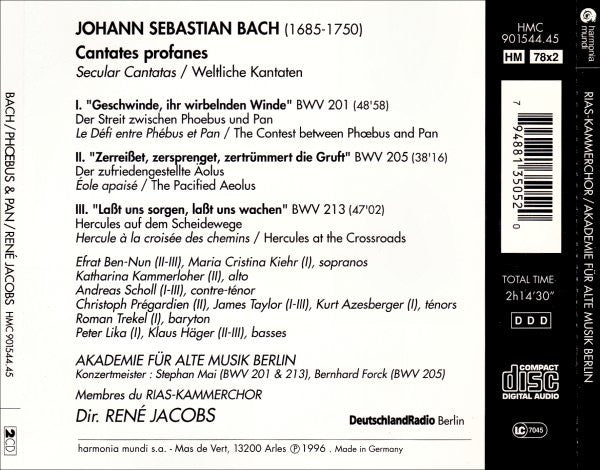 J.S. Bach* - RIAS-Kammerchor • Akademie Für Alte Musik Berlin • René Jacobs : Phoebus & Pan • Cantates BWV 201, 205, 213 (2xCD, Album)