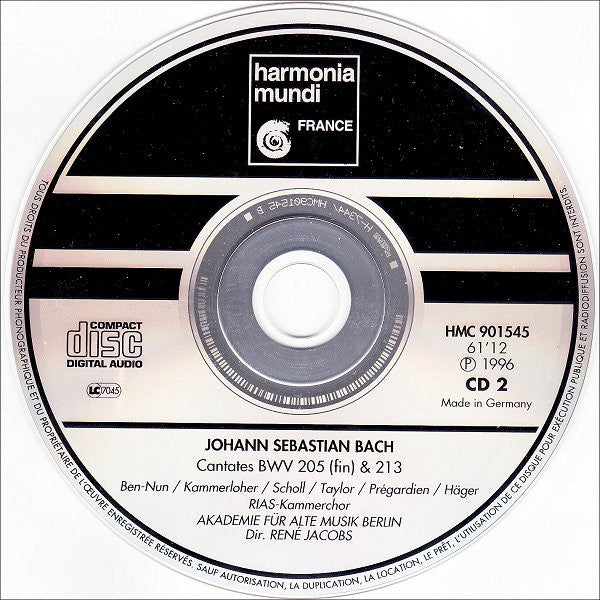 J.S. Bach* - RIAS-Kammerchor • Akademie Für Alte Musik Berlin • René Jacobs : Phoebus & Pan • Cantates BWV 201, 205, 213 (2xCD, Album)