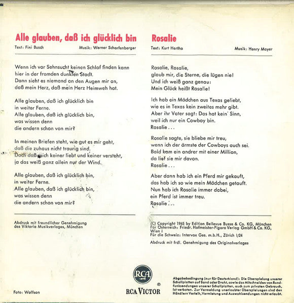 Bobby Bare : Alle Glauben, Daß Ich Glücklich Bin / Rosalie (7", Mono)